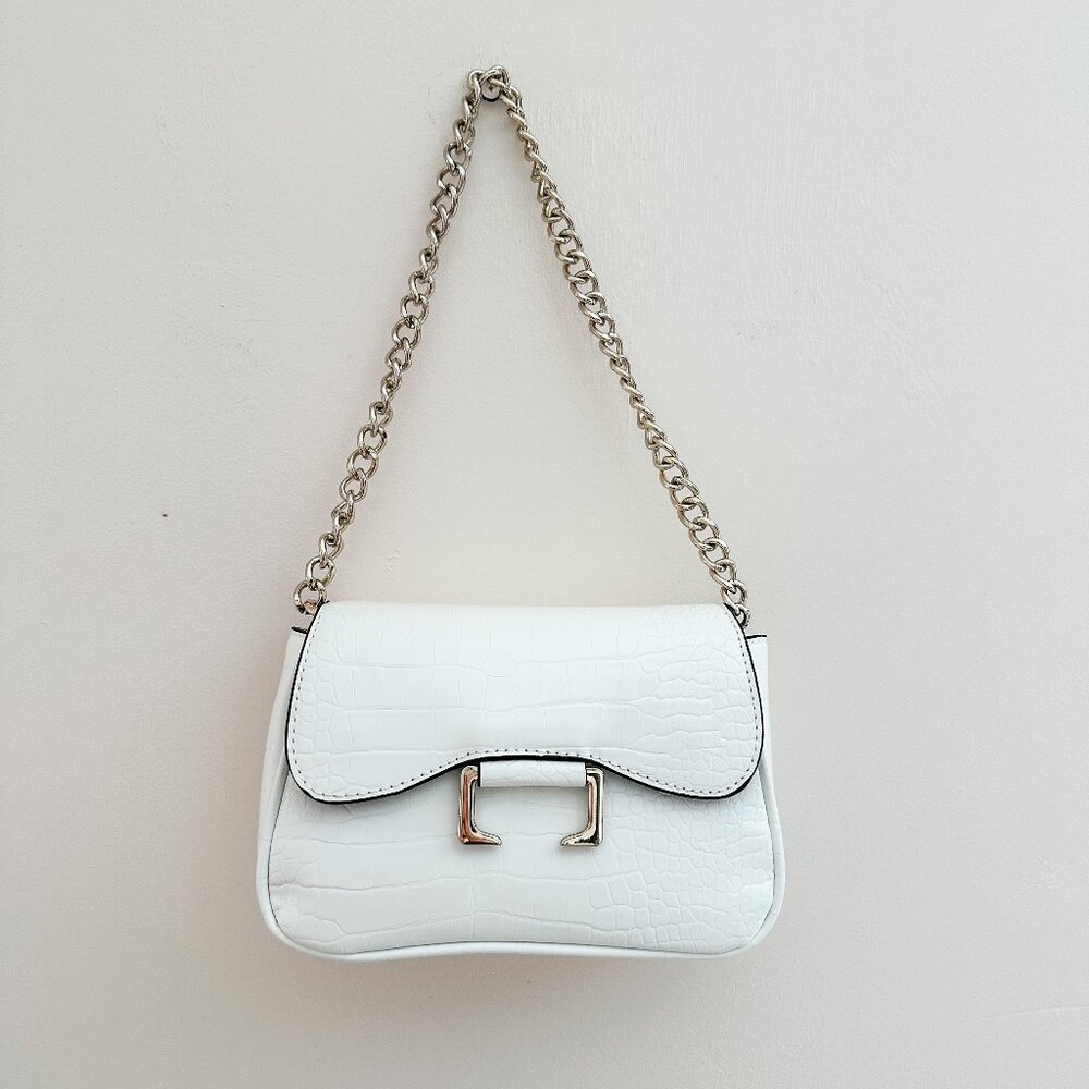 ASOS Small White Shoulder Bag Handbag Faux Croc Print with Gold Chain 90s Y2K